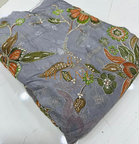 Grey with orange and olive leaf embroidery - fabric by the metre