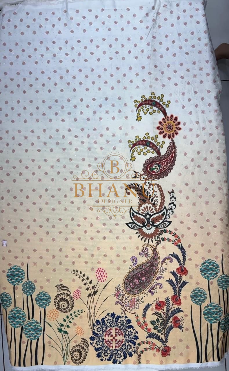 Cream with dot butti and a paisley border - fabric by the metre