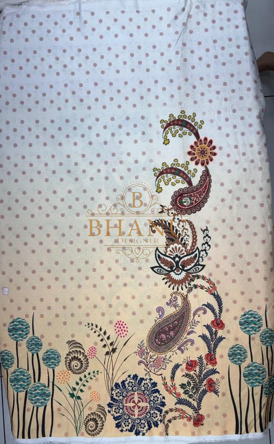 Cream with dot butti and a paisley border - fabric by the metre