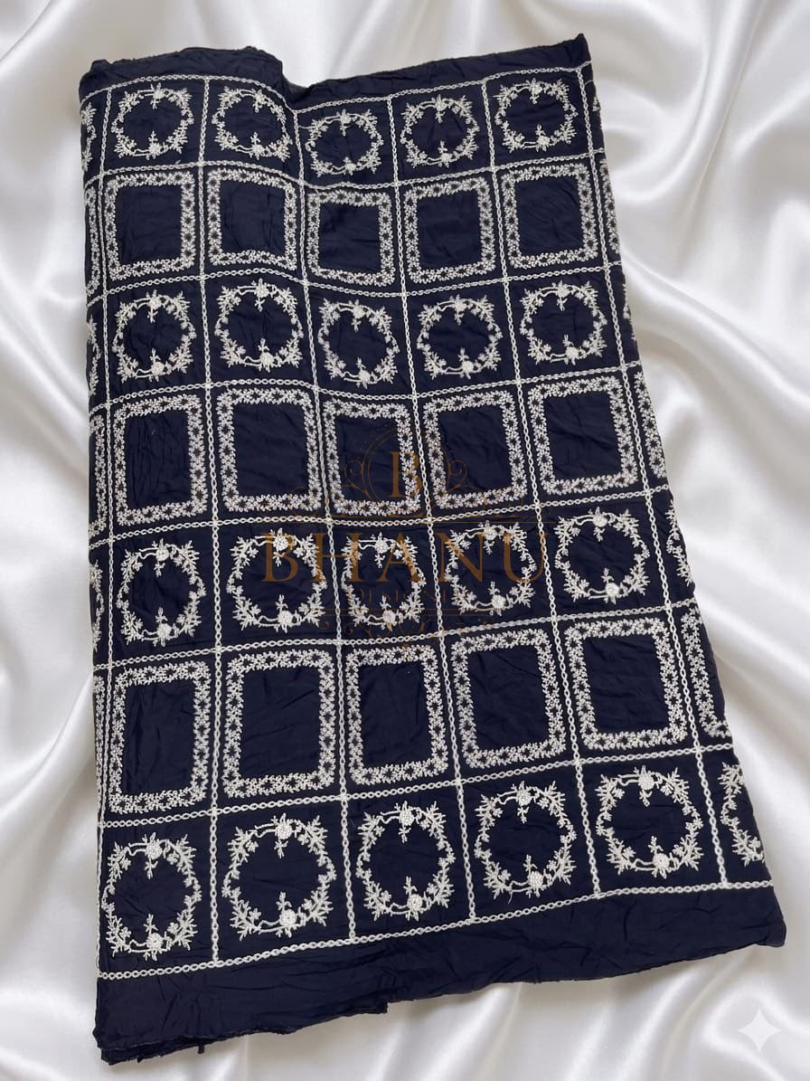 Navy with white square motif embroidery - fabric by the metre
