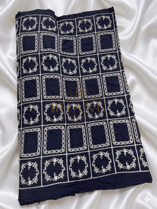 Navy with white square motif embroidery - fabric by the metre