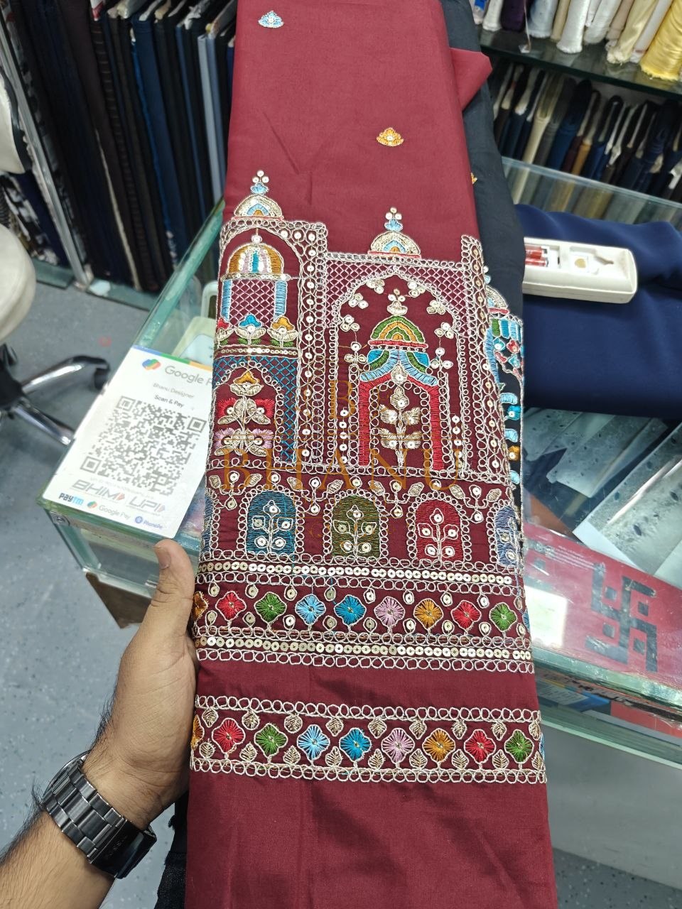 Maroon with multicolour architectural embroidery - unstitched panel