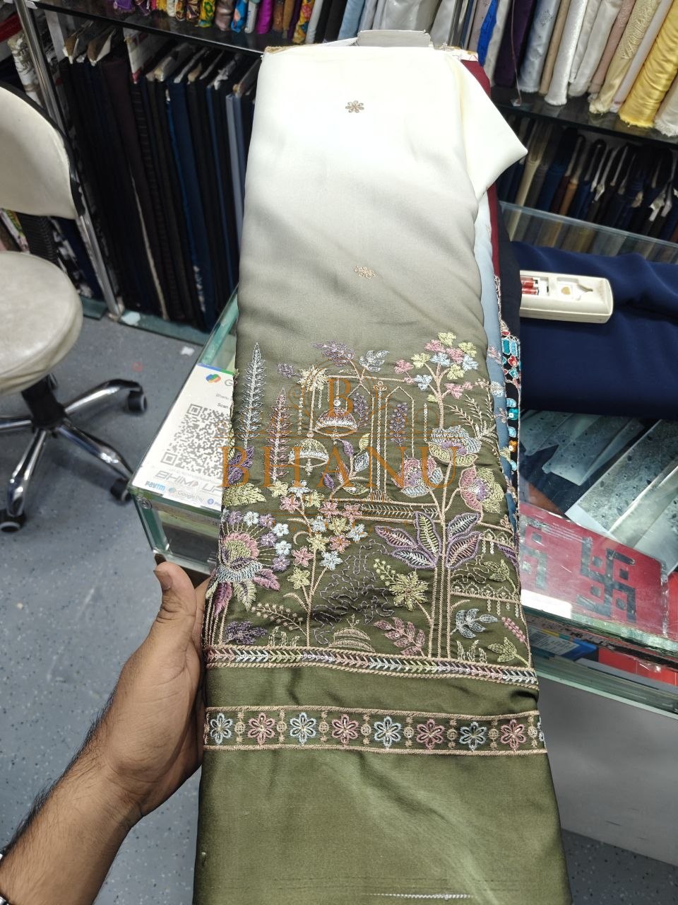 Olive with pastel floral embroidery - unstitched panel