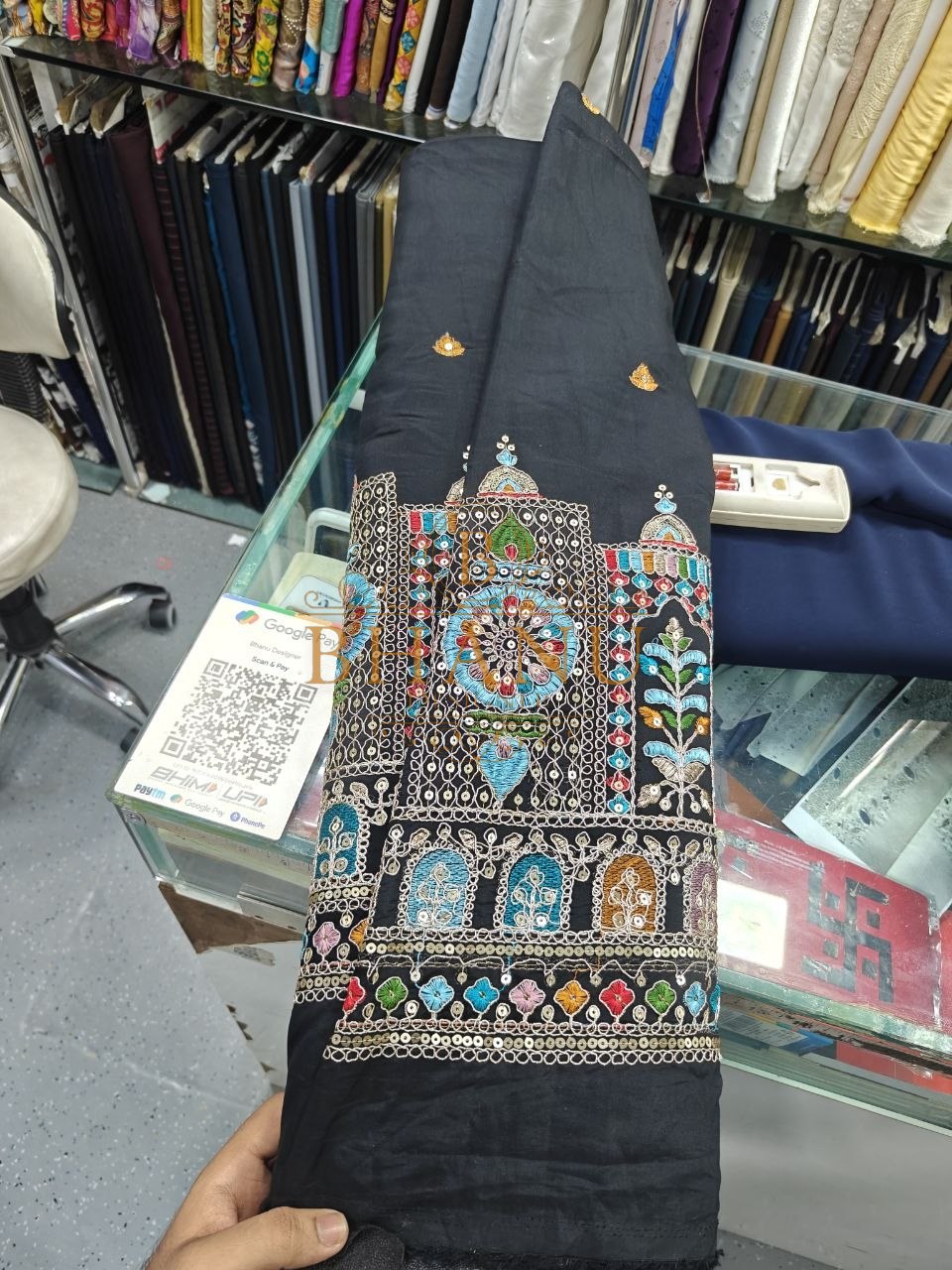 Black with turquoise and gold architectural embroidery - unstitched panel