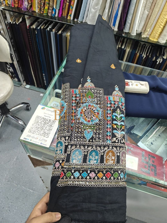 Black with turquoise and gold architectural embroidery - unstitched panel