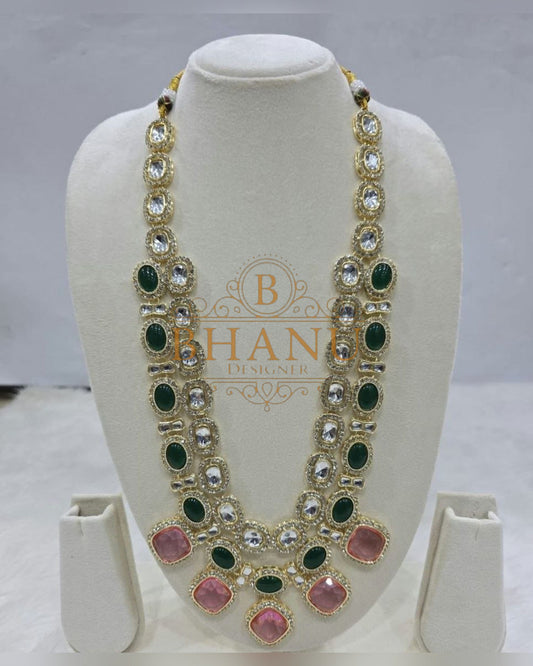 Mala necklace shown on a display stand