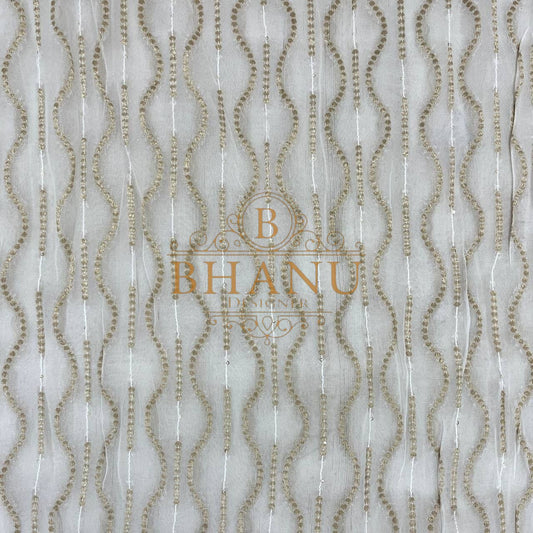 Ivory with gold wave and dot columns - fabric by the metre