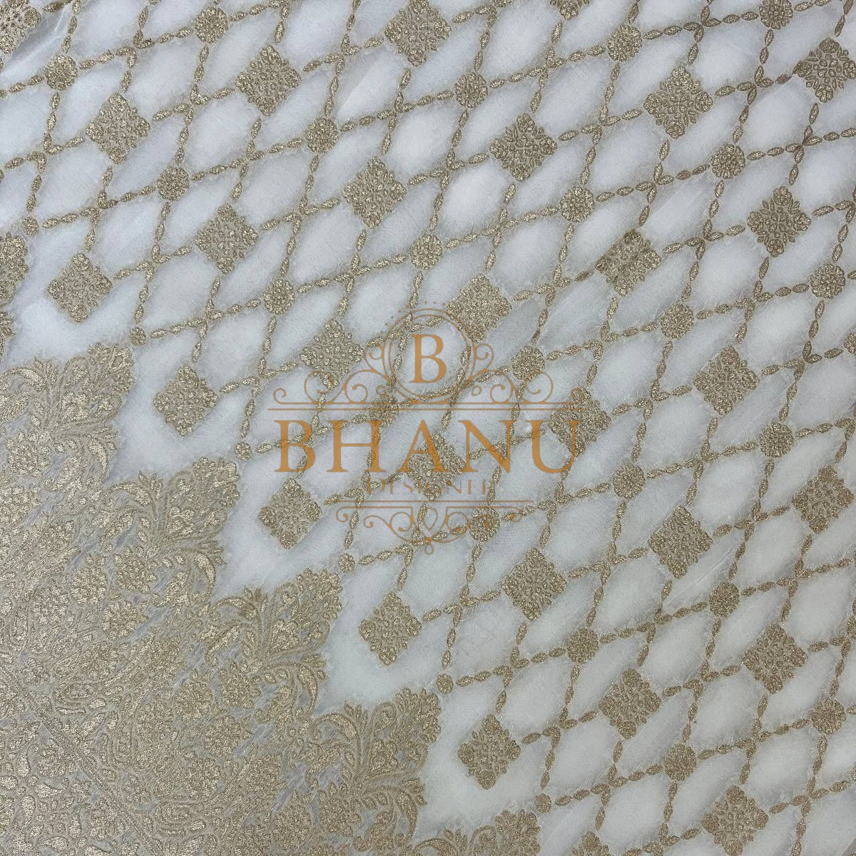 Ivory with gold lattice work - fabric by the metre