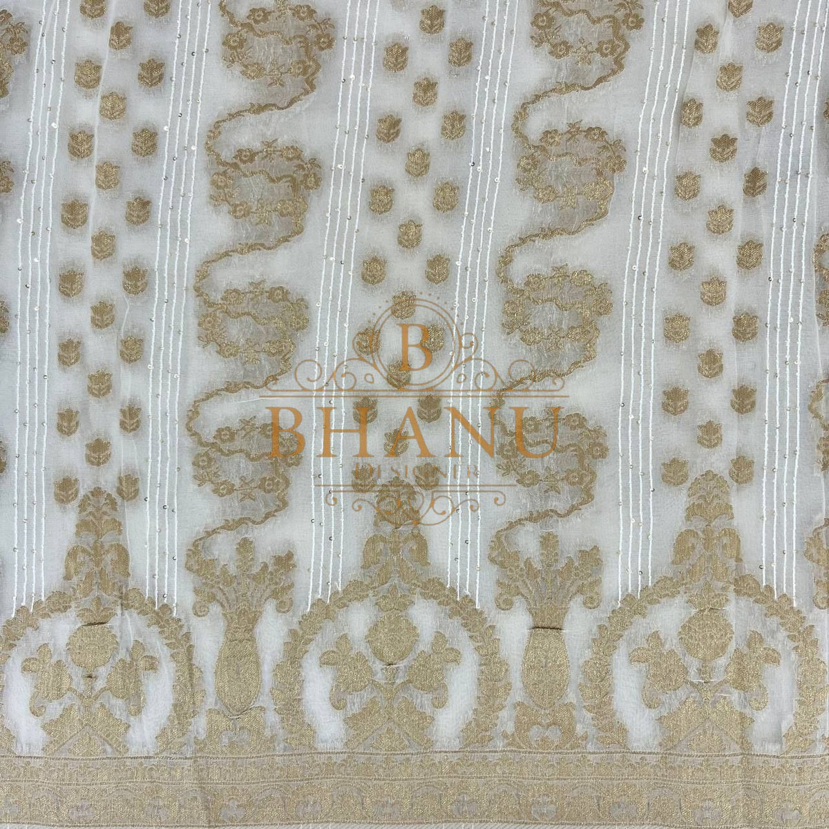 Ivory with gold column and arch work - fabric by the metre