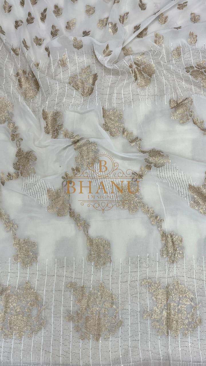 Ivory with gold cluster embroidery - fabric by the metre