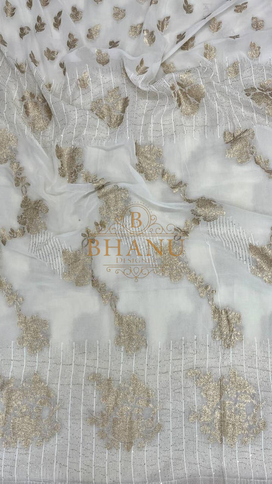 Ivory with gold cluster embroidery - fabric by the metre