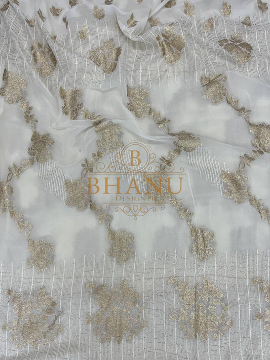 Ivory with gold cluster work and pintucking - fabric by the metre