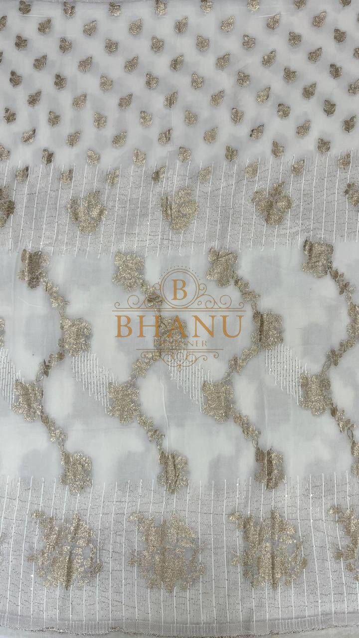Ivory with gold cluster work in columns - fabric by the metre