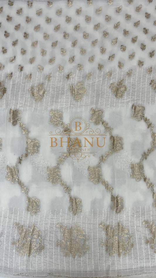 Ivory with gold cluster work in columns - fabric by the metre