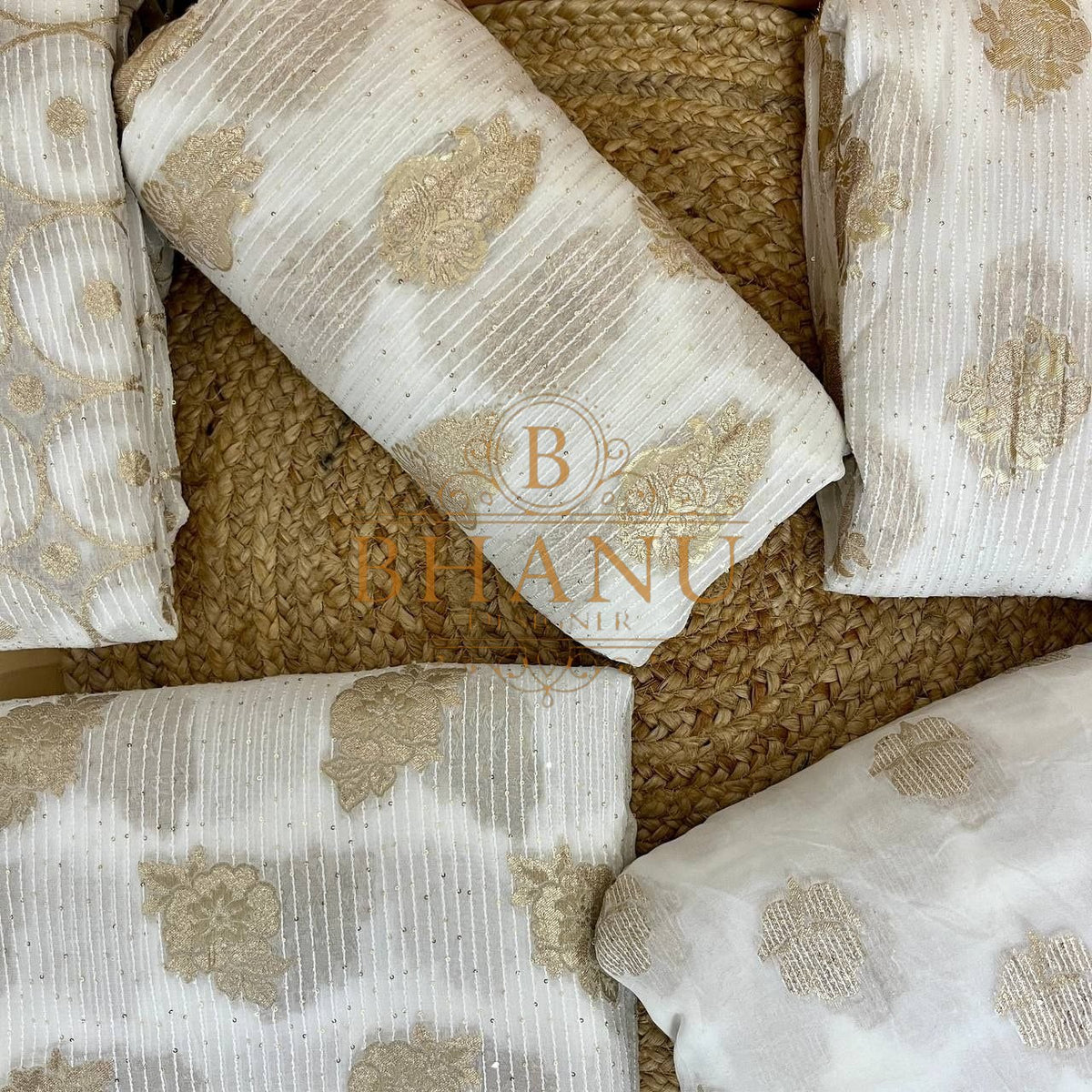 Ivory with gold butti, on the roll - fabric by the metre