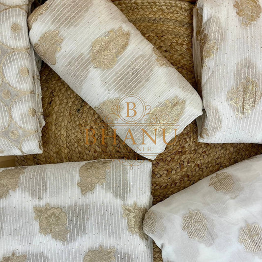 Ivory with gold butti, on the roll - fabric by the metre