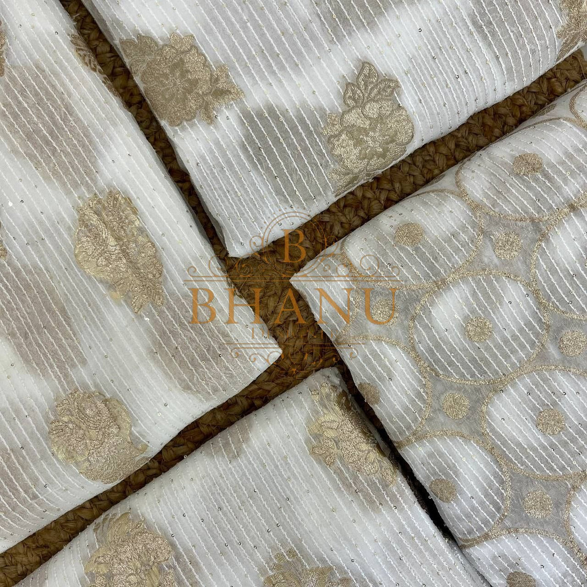 Ivory with gold floral butti and pintucking - fabric by the metre