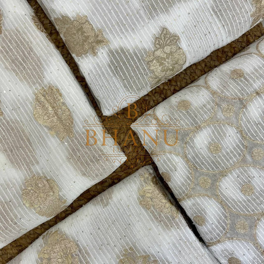 Ivory with gold floral butti and pintucking - fabric by the metre