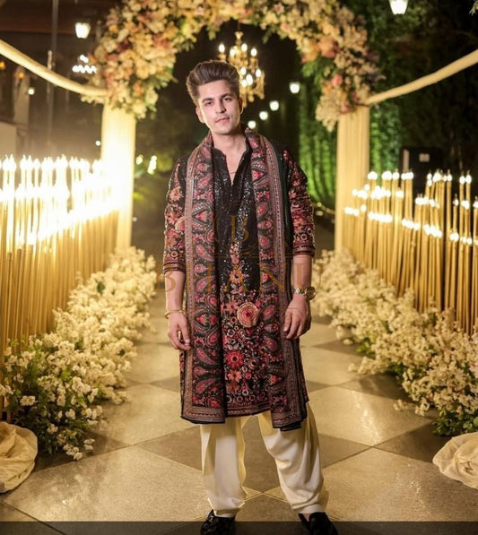 Deep maroon and black with dense gold work - sherwani