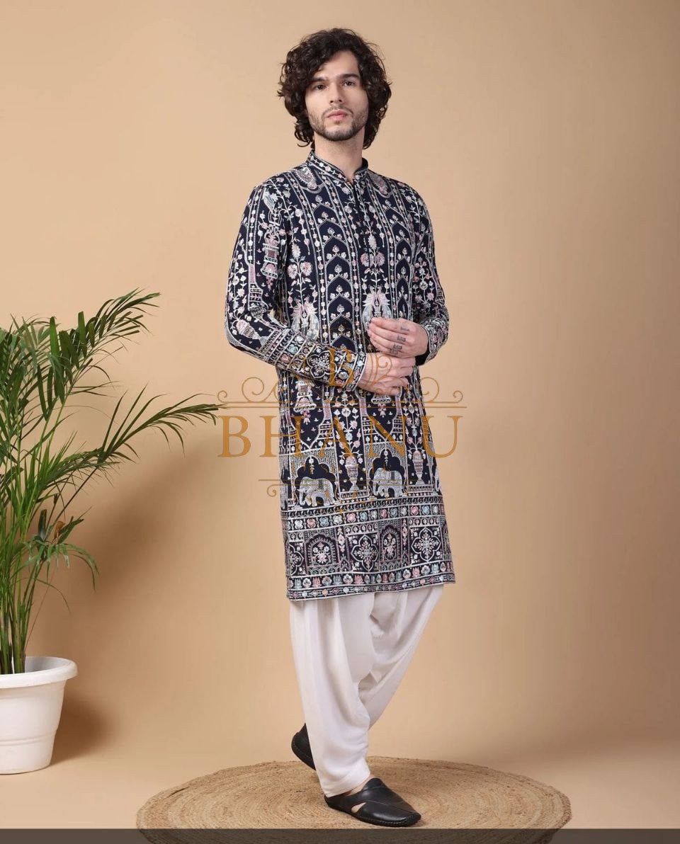 Navy, printed with elephant and Mughal motifs - kurta