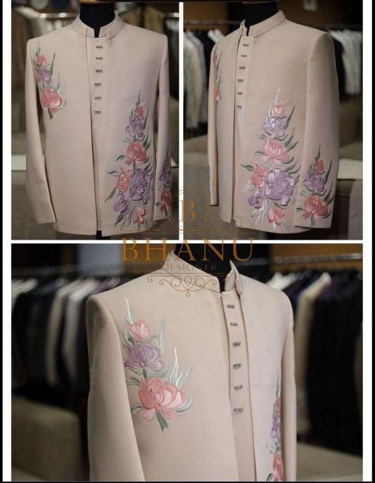 Pale pink with floral embroidery at the placket - jodhpuri bandhgala