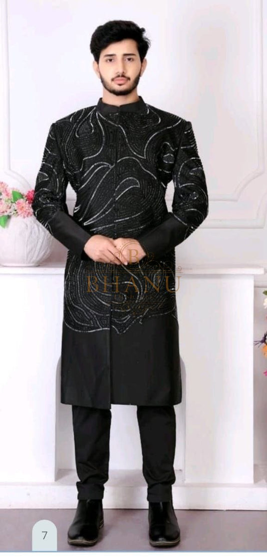 Black with tonal embroidery throughout - sherwani