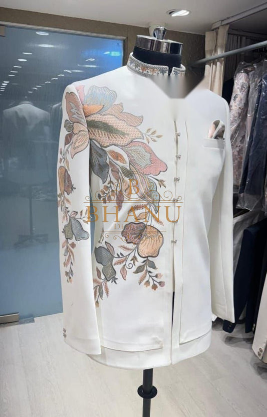 White with multicolour floral embroidery at the placket - jodhpuri bandhgala