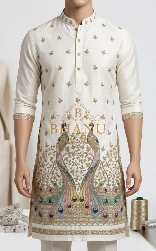 White with peacock embroidery at the hem - kurta