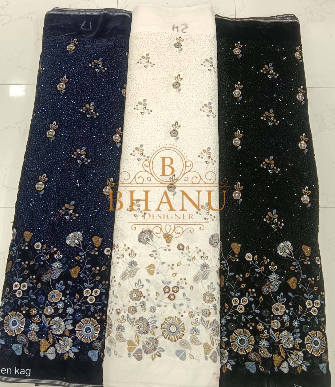 Navy and cream with gold and pastel floral work - unstitched panel