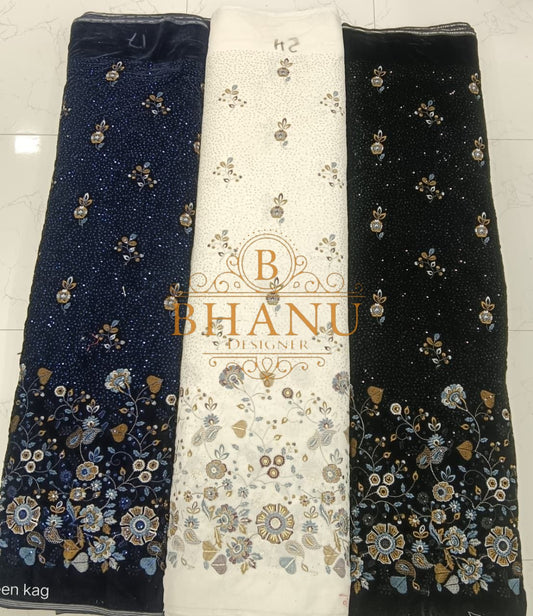 Navy and cream with gold and pastel floral work - unstitched panel