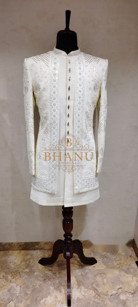 Cream with fine tonal self work - sherwani