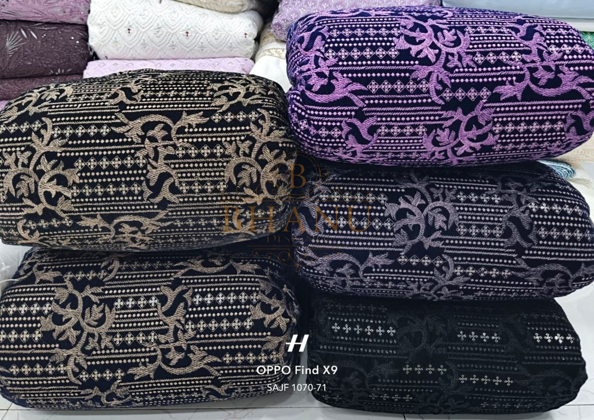 Black, grey and purple with white embroidery - fabric by the metre