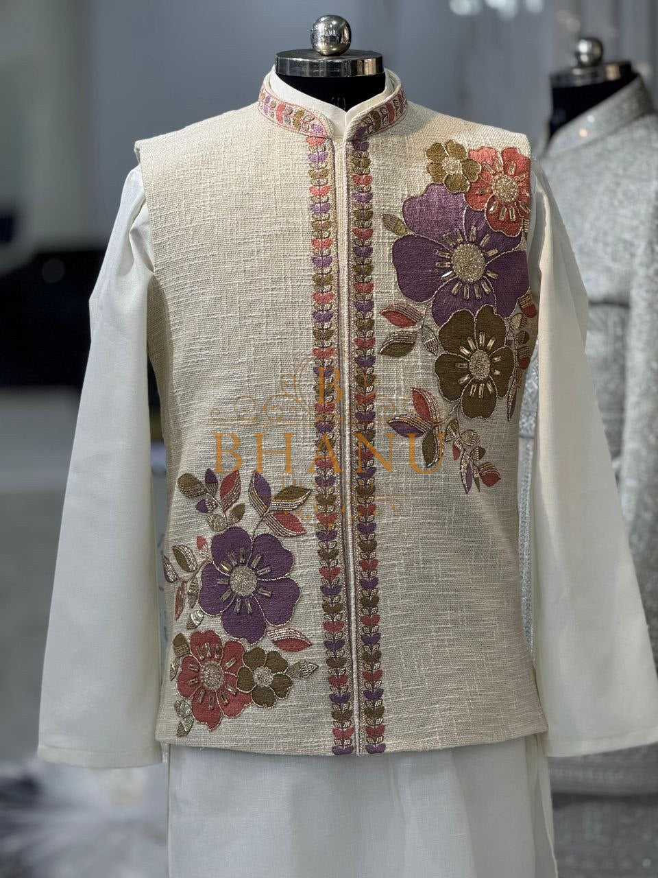 Cream with multicolour floral embroidery - nehru jacket