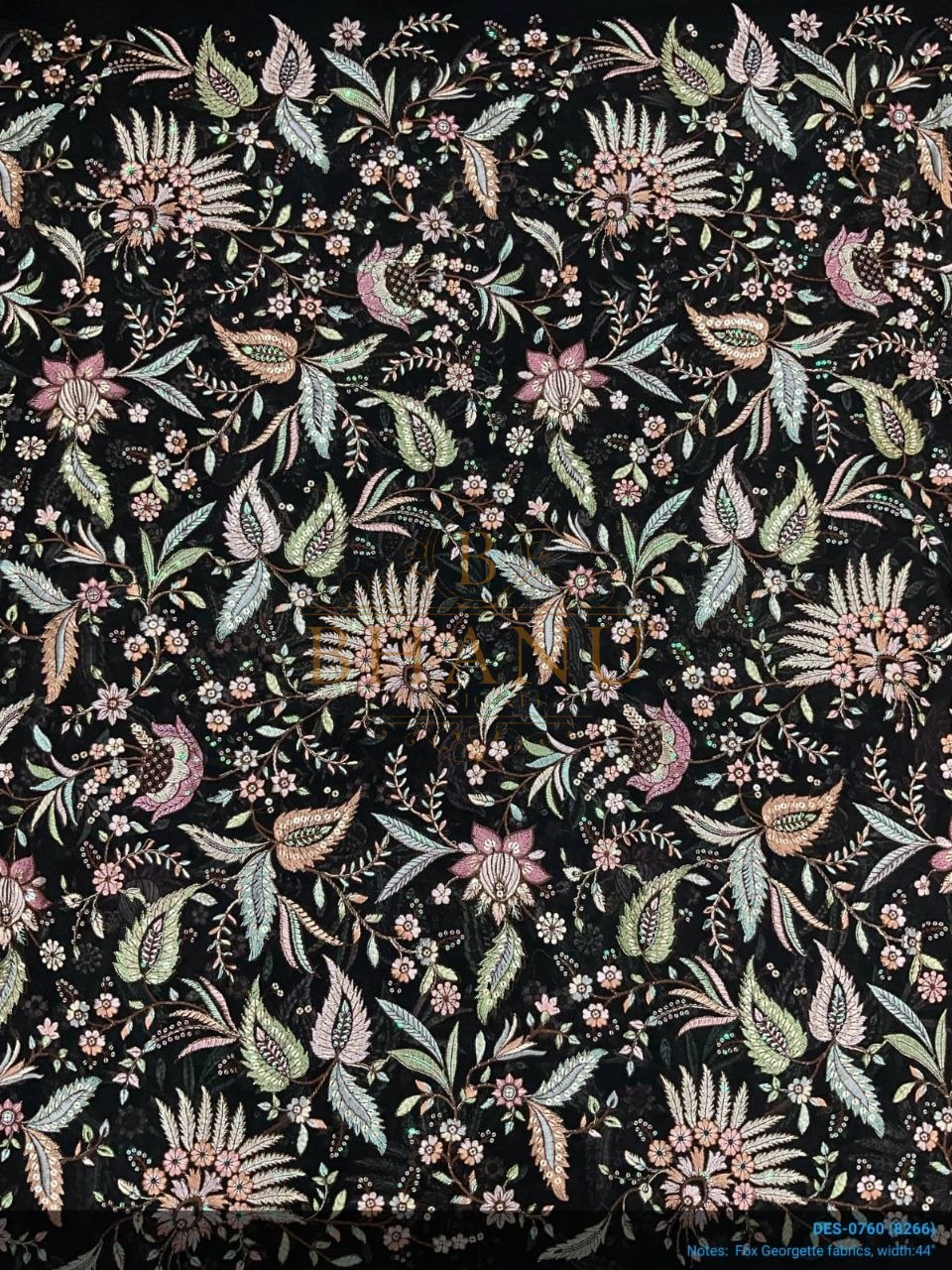 Black with a pastel floral repeat - fabric by the metre