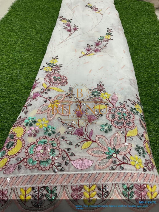 White with multicolour floral applique - fabric by the metre