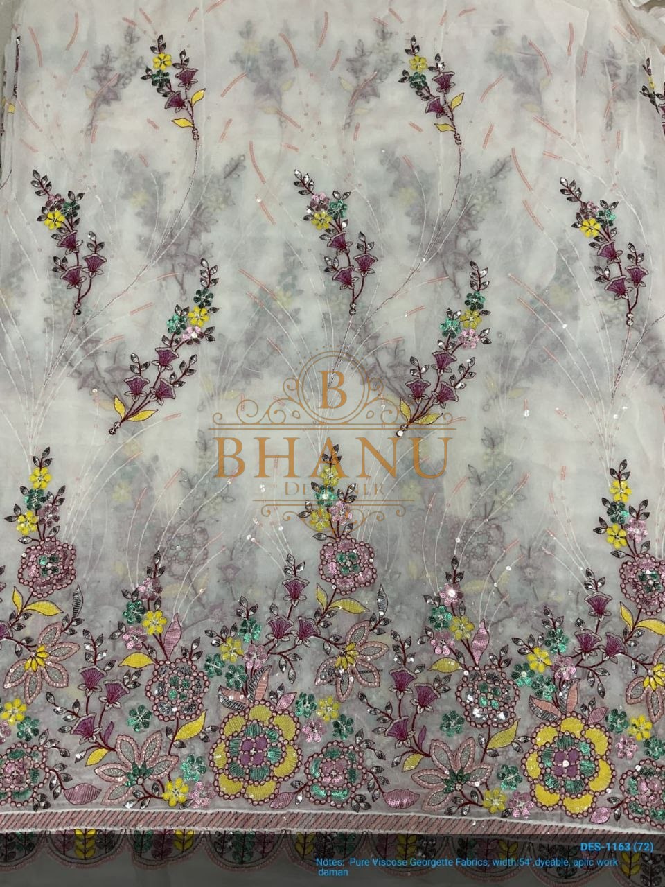 White with lilac and yellow floral work - fabric by the metre