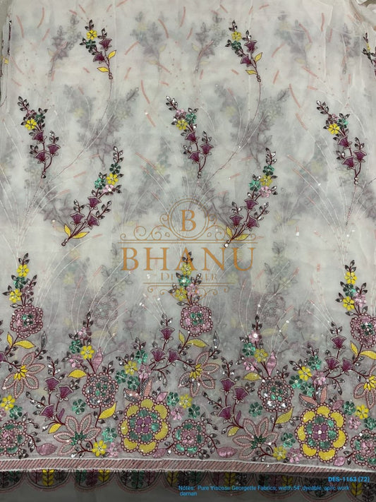 White with lilac and yellow floral work - fabric by the metre