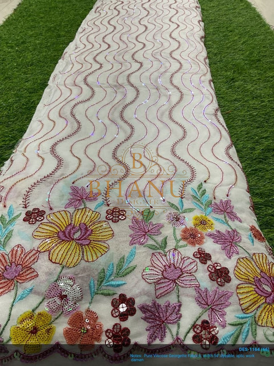 White with multicolour floral over a wave ground - fabric by the metre