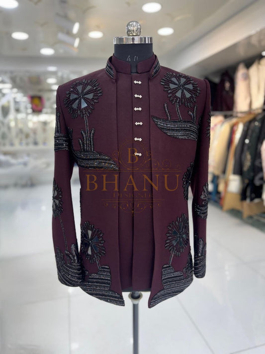 Maroon with black thread work - jodhpuri bandhgala
