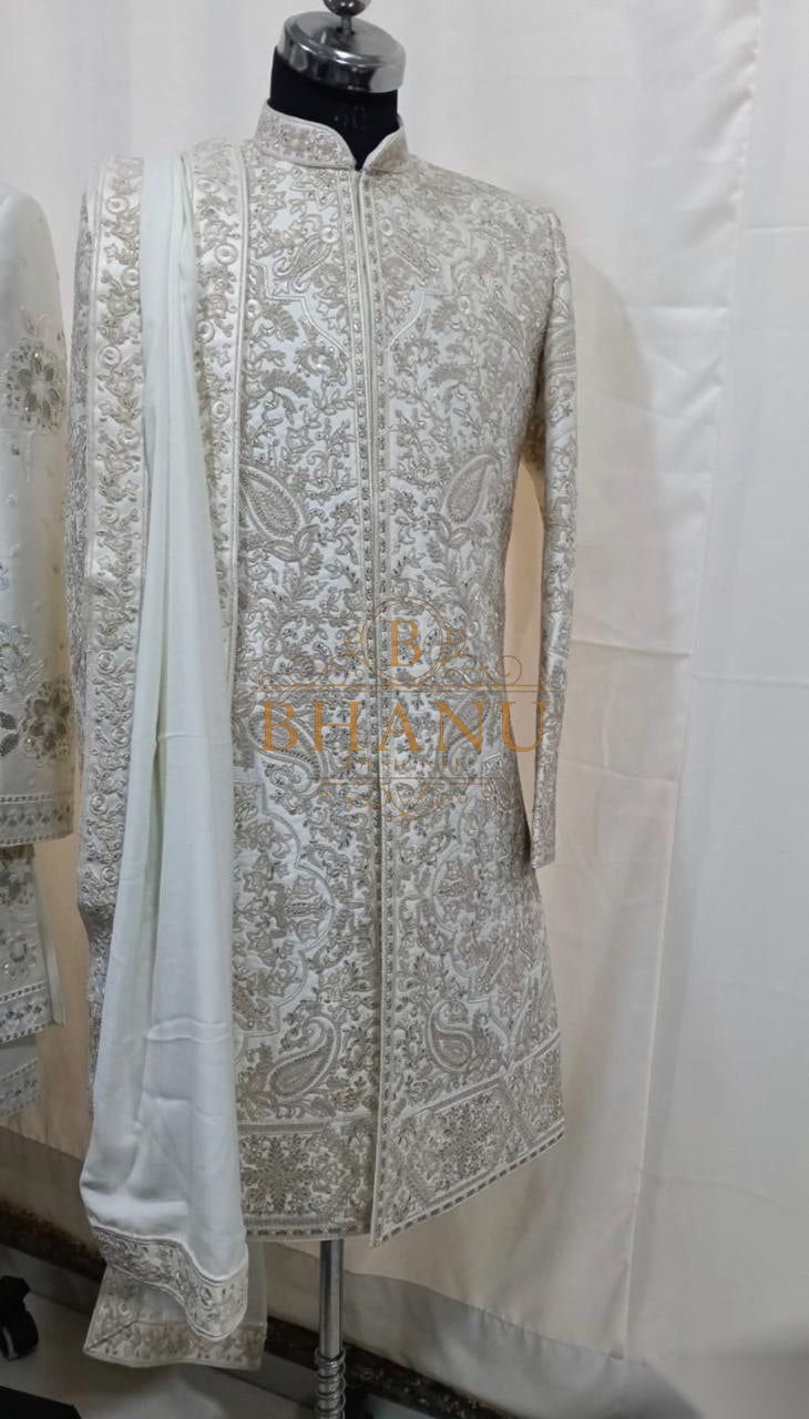 Ivory with silver thread work throughout - sherwani