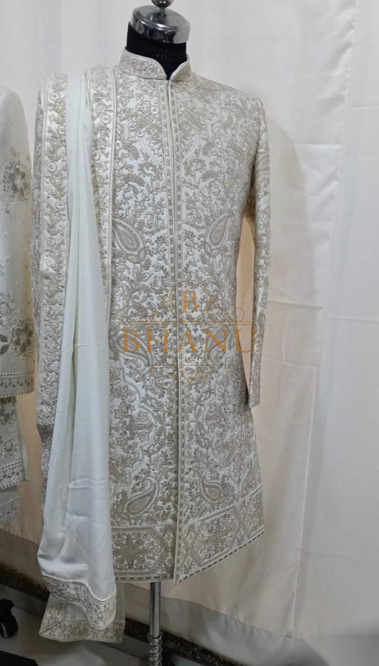 Ivory with silver thread work throughout - sherwani