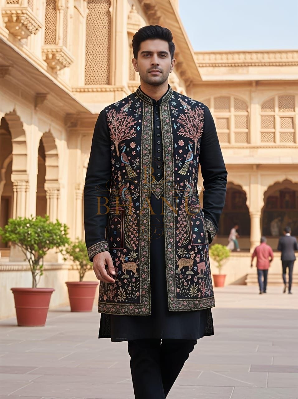 Black with a multicolour embroidered jacket - sherwani