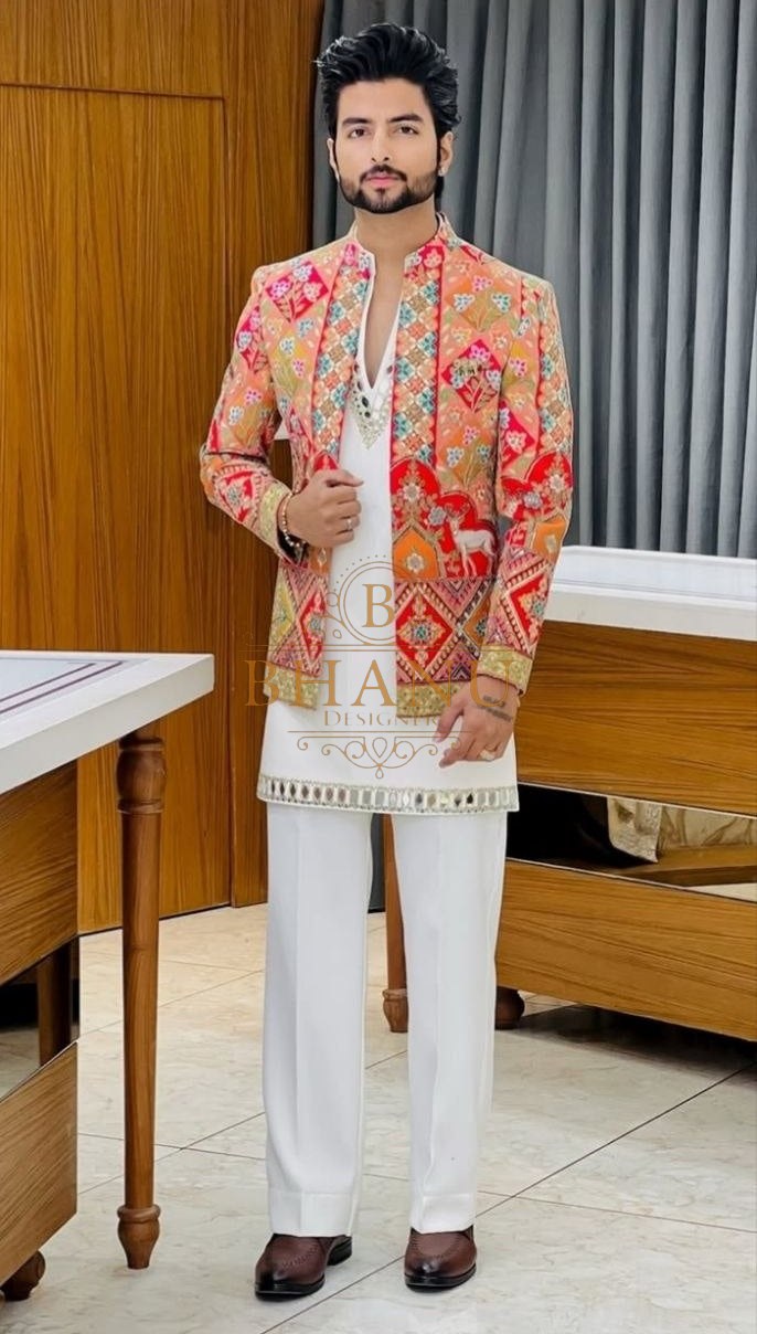 Printed multicolour jacket over a plain kurta - indo-western