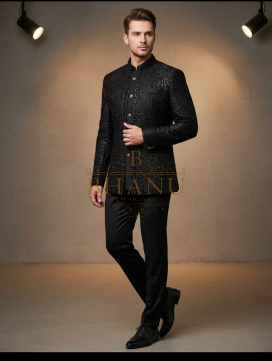 Black with tonal textured work - jodhpuri bandhgala