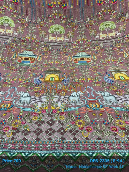 Pink with an elephant and Mughal print - fabric by the metre