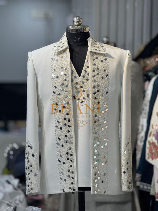 Cream with mirror and geometric hand work - indo-western