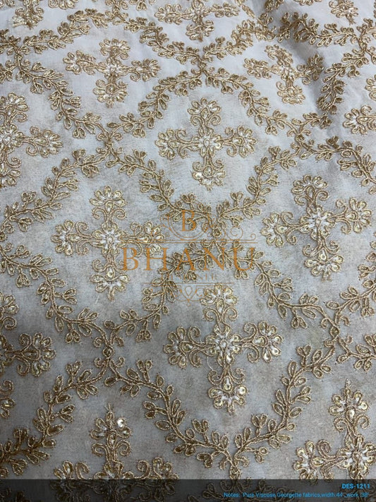 Ivory with a gold floral damask - fabric by the metre