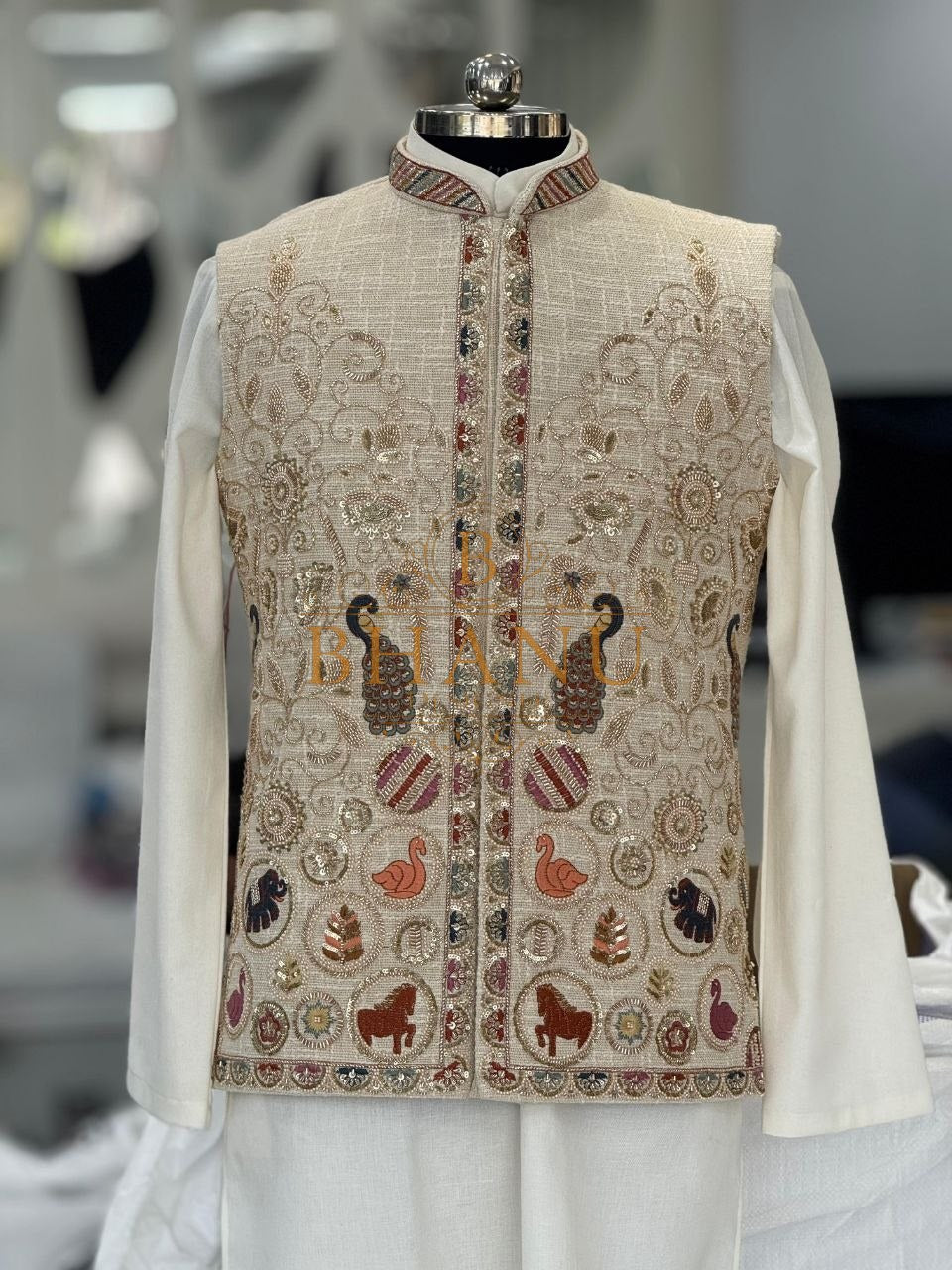 Cream with peacock and animal embroidery - nehru jacket