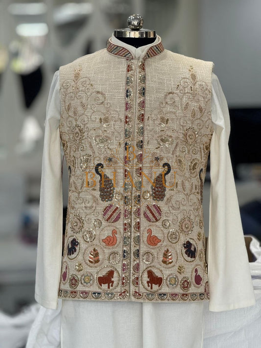 Cream with peacock and animal embroidery - nehru jacket