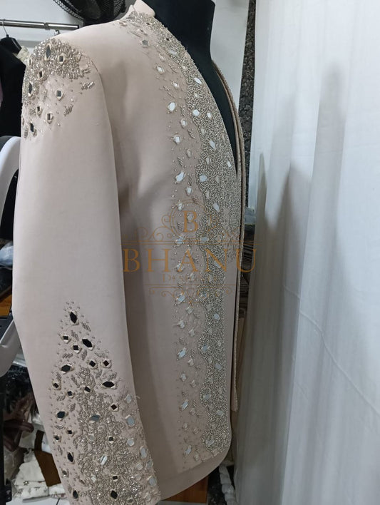 Pale pink with mirror work on the sleeve - indo-western